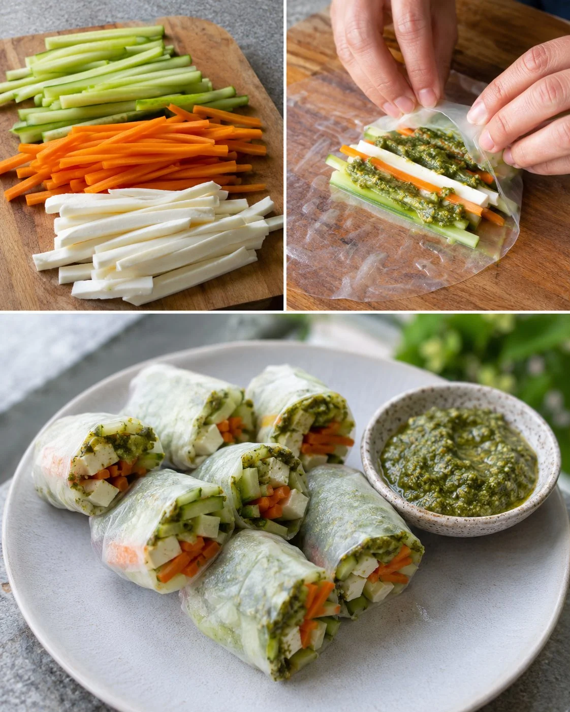 Basilikum-Pesto-Sommerrollen mit Mozzarella auf einem Teller