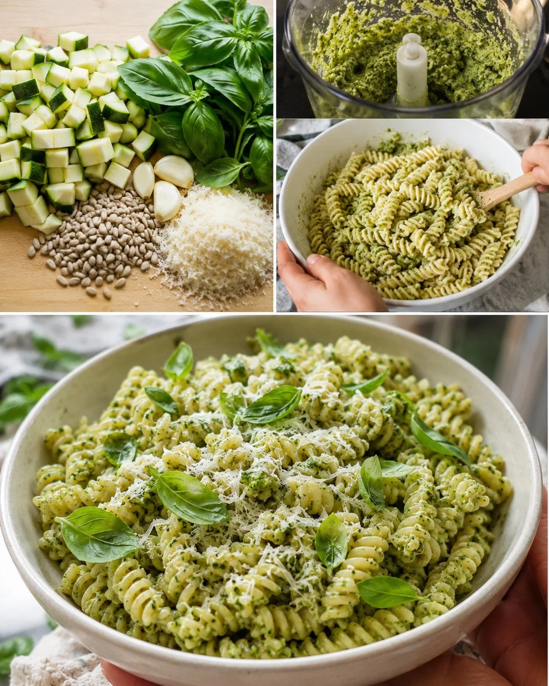 Schüssel mit Basilikum-Zucchini-Pesto für kalte Sommerpasta