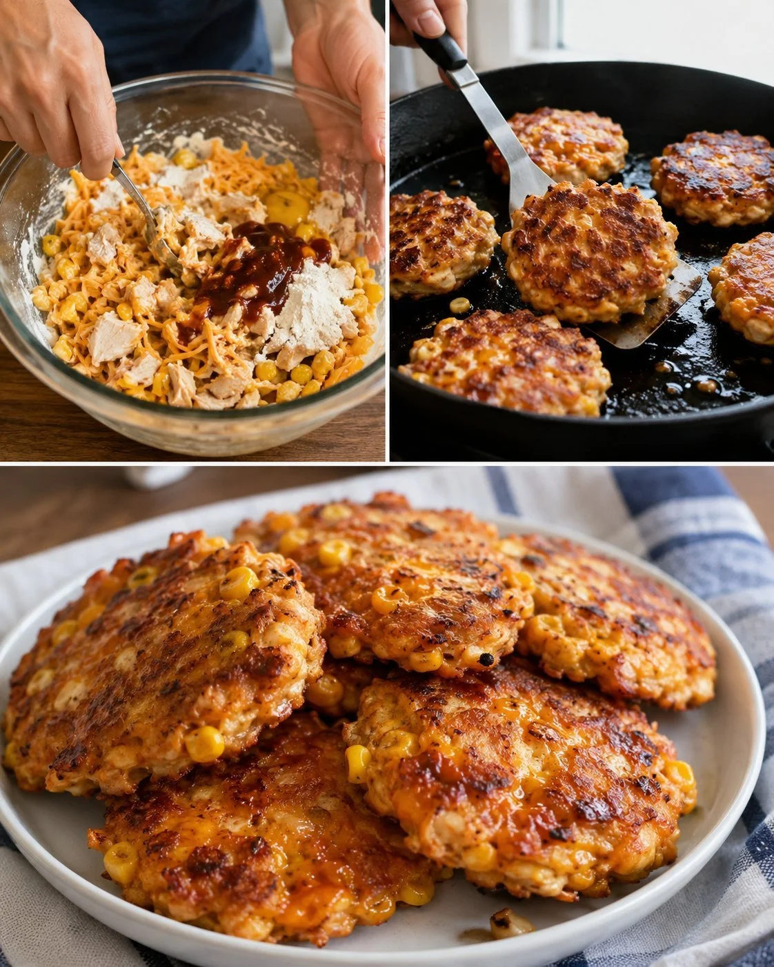 BBQ Chicken Corn Cakes auf einem Teller serviert, mit frischen Kräutern dekoriert.