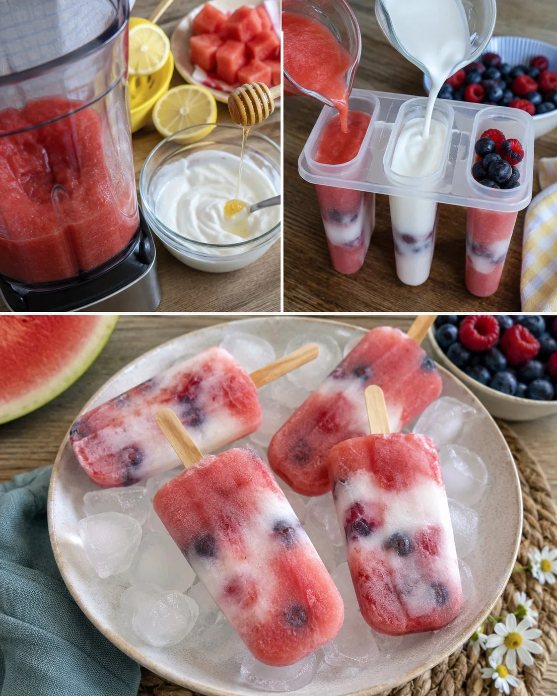 Erfrischendes Beeren-Joghurt-Melonen-Eis am Stiel für den Sommer