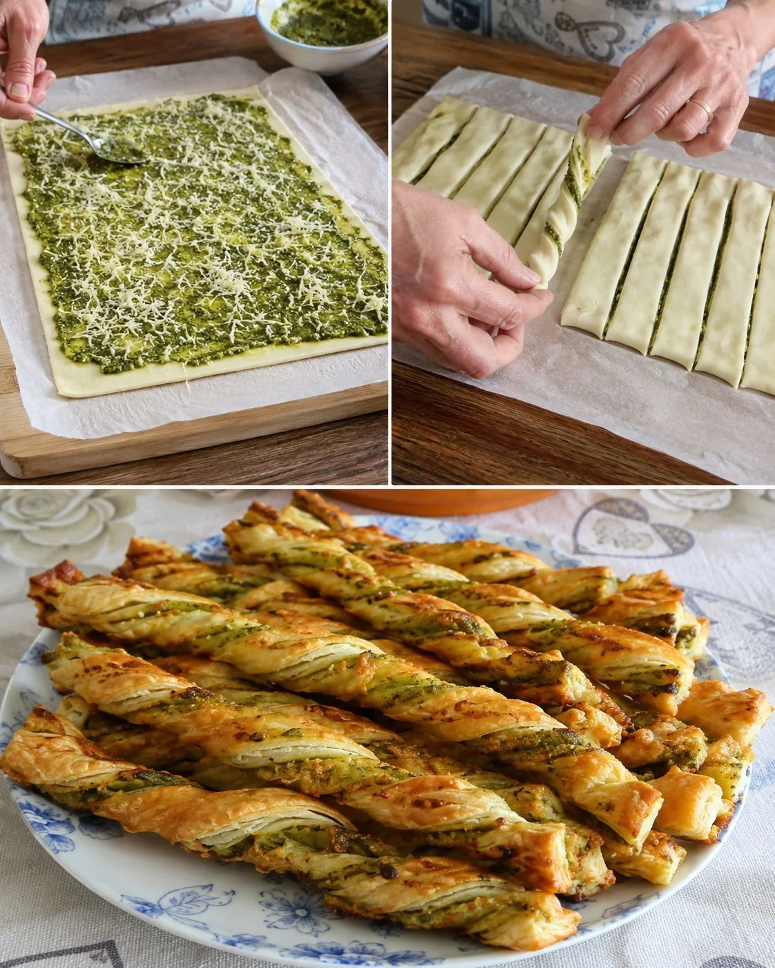 Blätterteig-Sticks mit Pesto und Parmesan auf einem Teller serviert