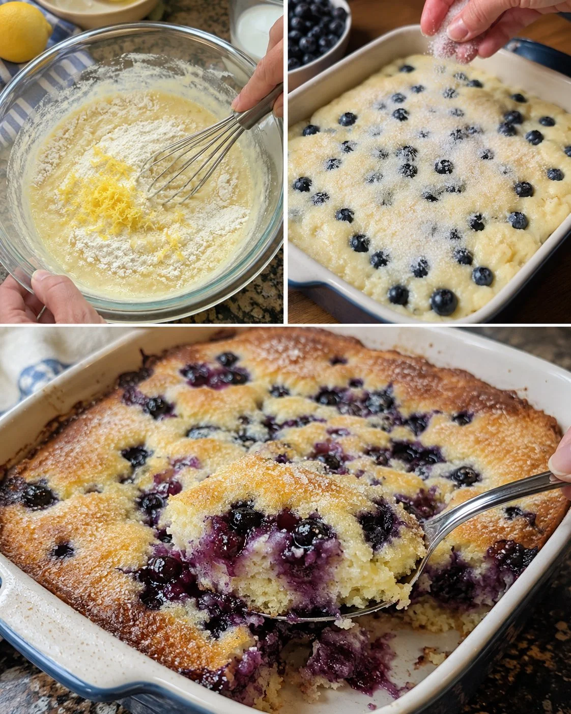 Leckerer Blaubeer-Zitronen-Löffelkuchen, frisch gebacken und serviert.