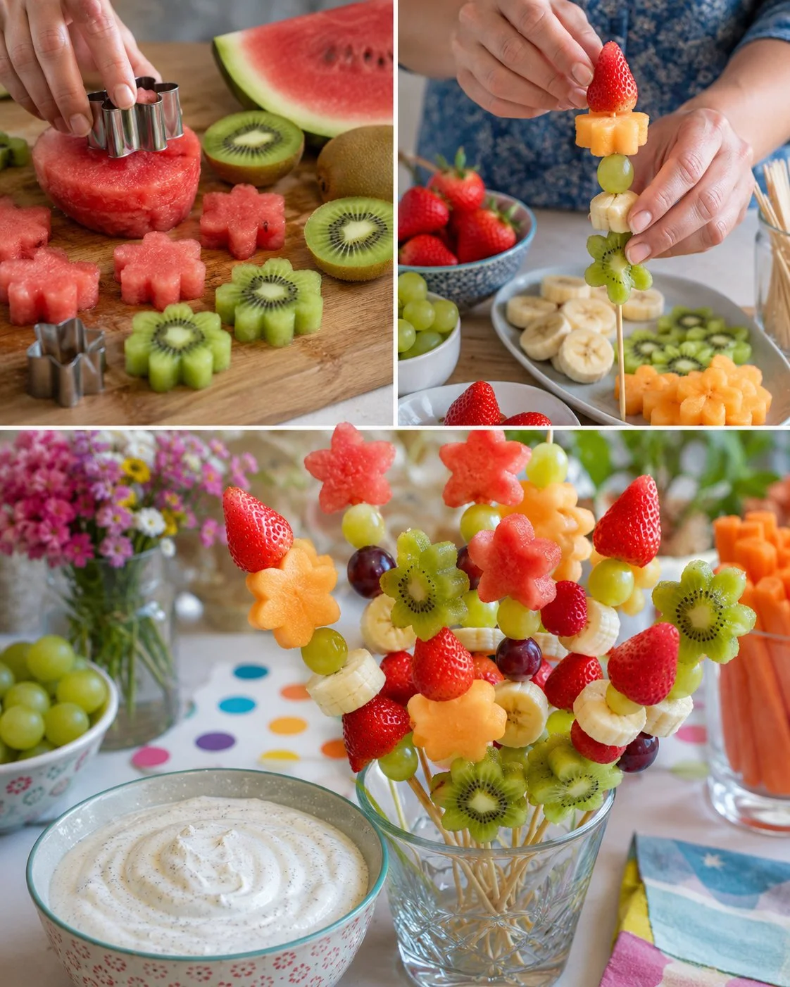 Bunte Obstspieß-Blumen mit Vanillequark auf einem Tisch dekoriert