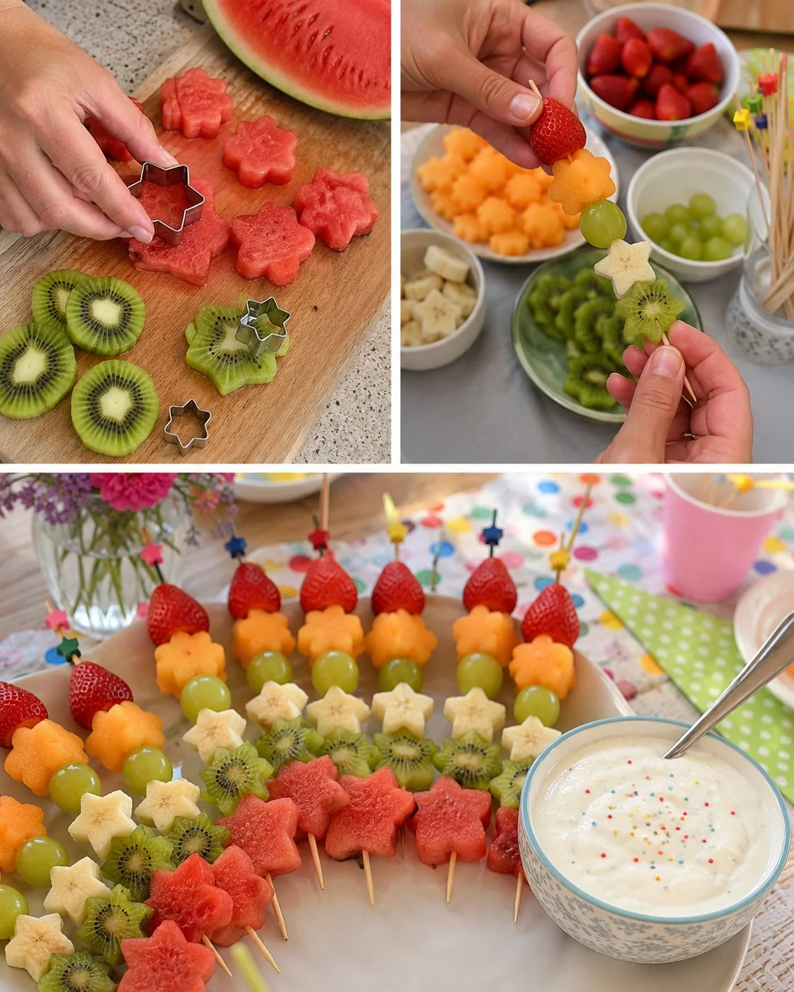 Bunte Obstspieß-Sterne mit Quark-Dip auf einem Teller angerichtet