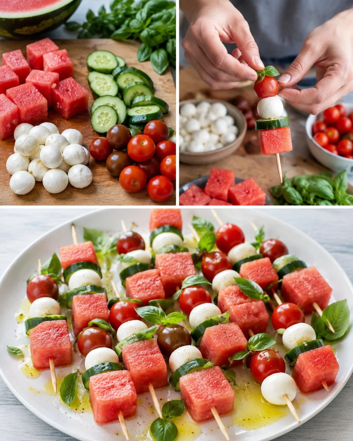Bunte Spieße mit Melone, Gurke und Mini-Mozzarella auf einem Party-Teller