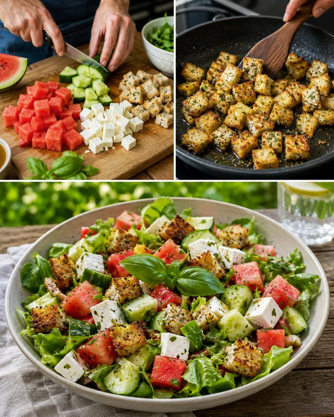Bunter Sommersalat mit Melonenwürfeln und Kräutercroûtons auf einem Teller