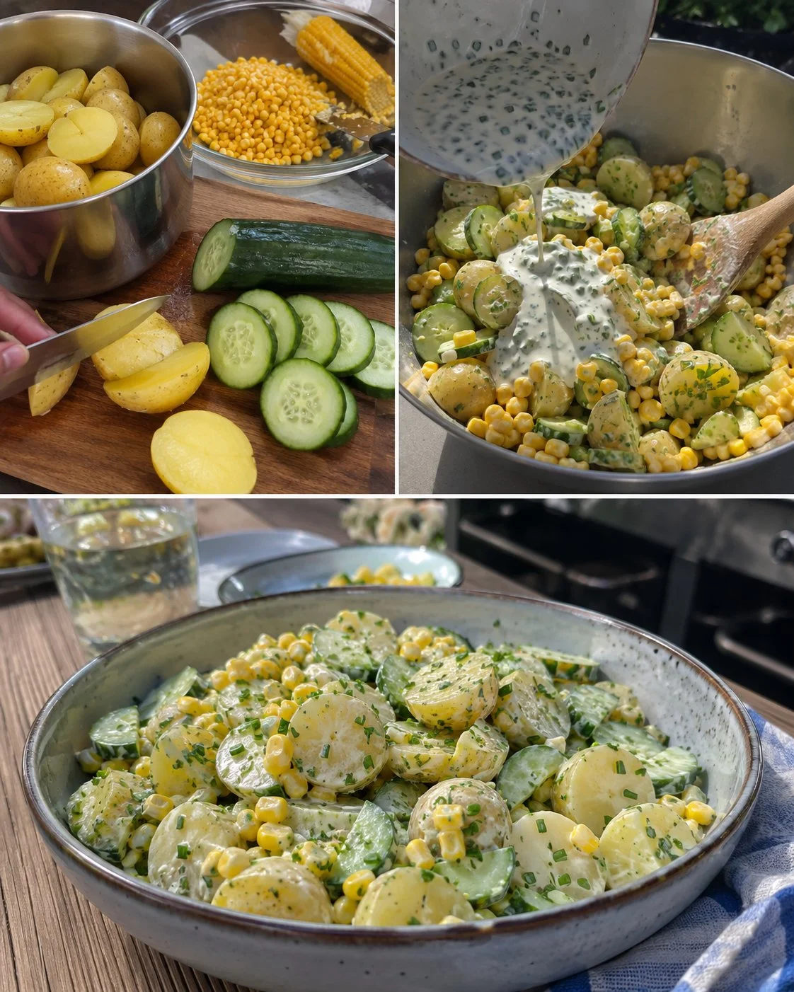 Erfrischender Corn Salad mit Kartoffeln, Gurke und Schnittlauch im Teller