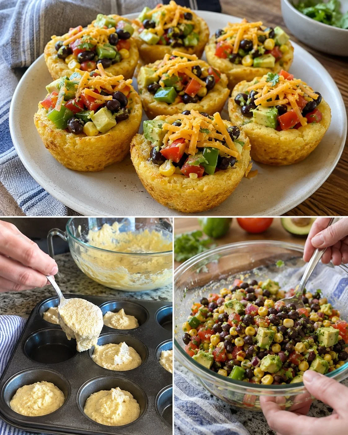 Cowboy Caviar Cornbread Cups mit frischem Gemüse und Bohnen.