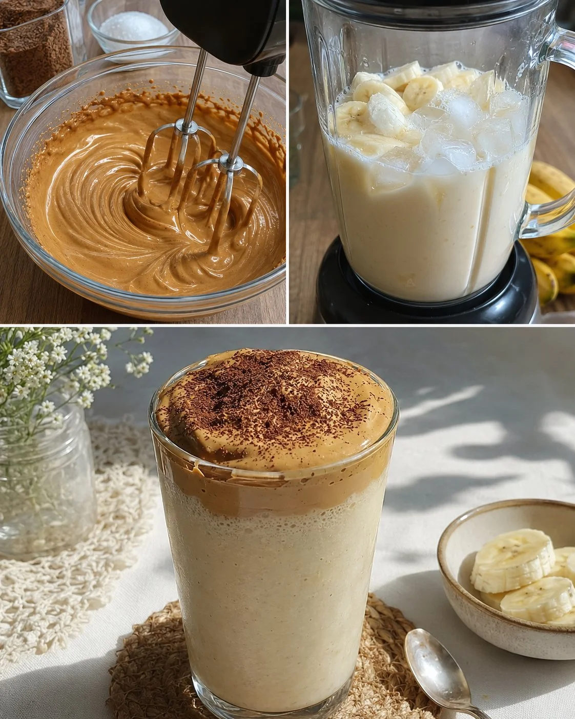 Cremige Kaffee-Frappe-Creme mit Banane auf einem Teller