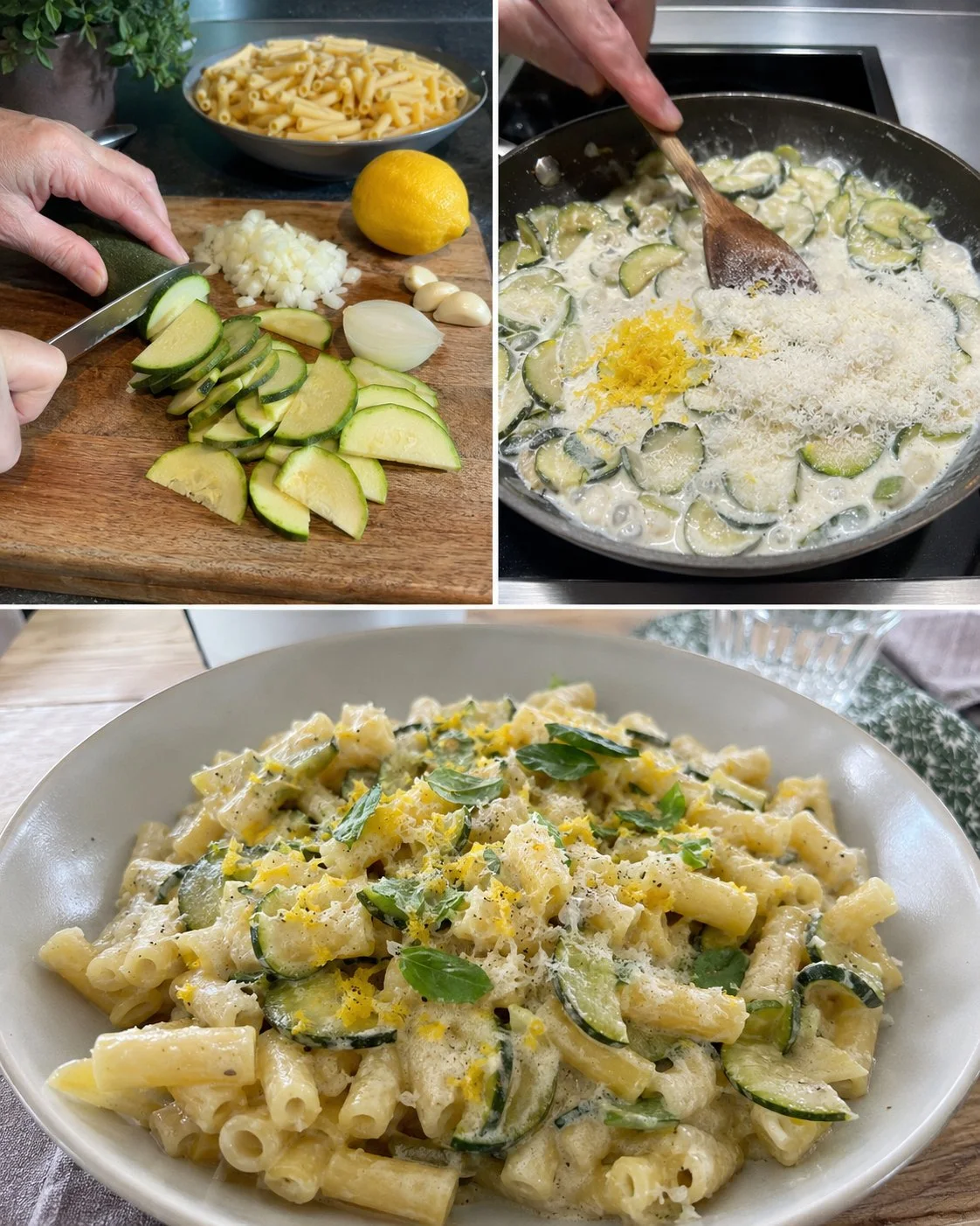 Cremige Zucchini-Nudelpfanne mit Zitrone auf einem Teller