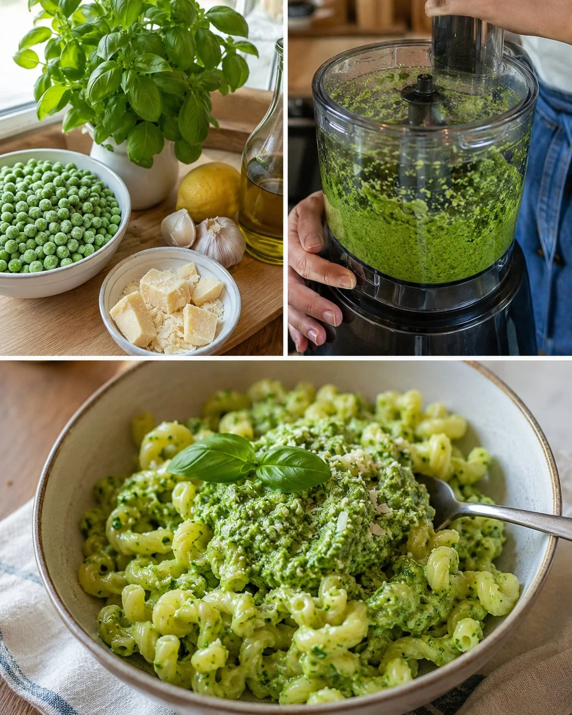 Cremiges Basilikum-Erbsen-Pesto ohne Nüsse auf einem Teller