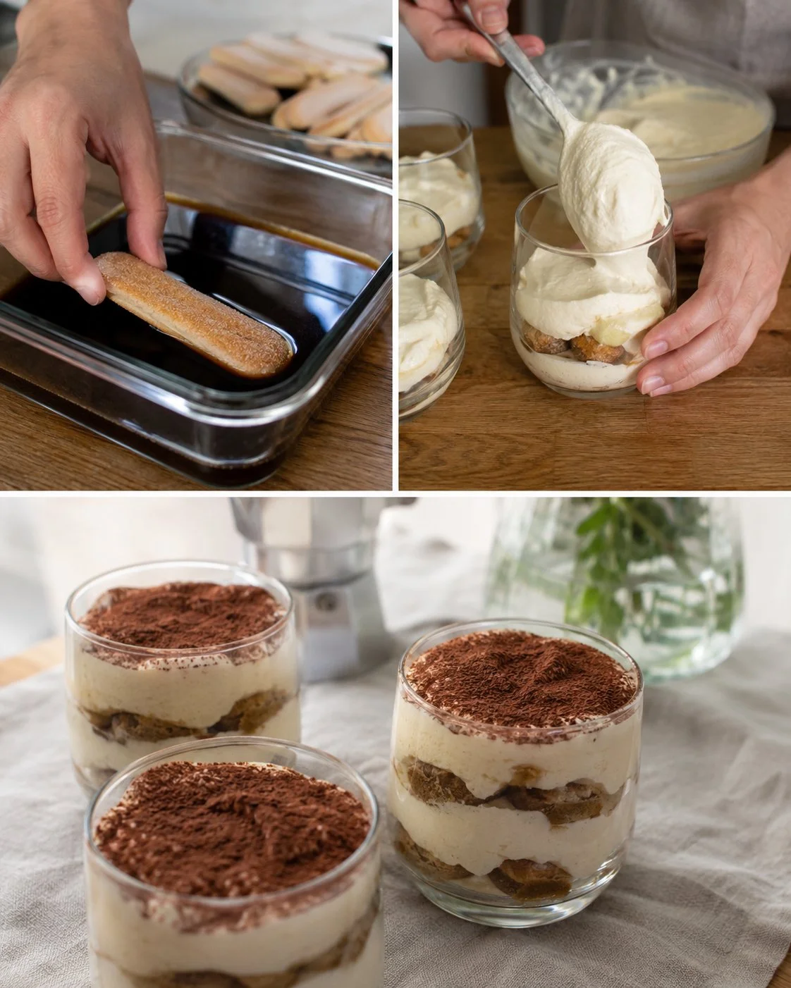Eiskaffee-Tiramisu im Glas ohne Ei auf einem dekorativen Tisch serviert