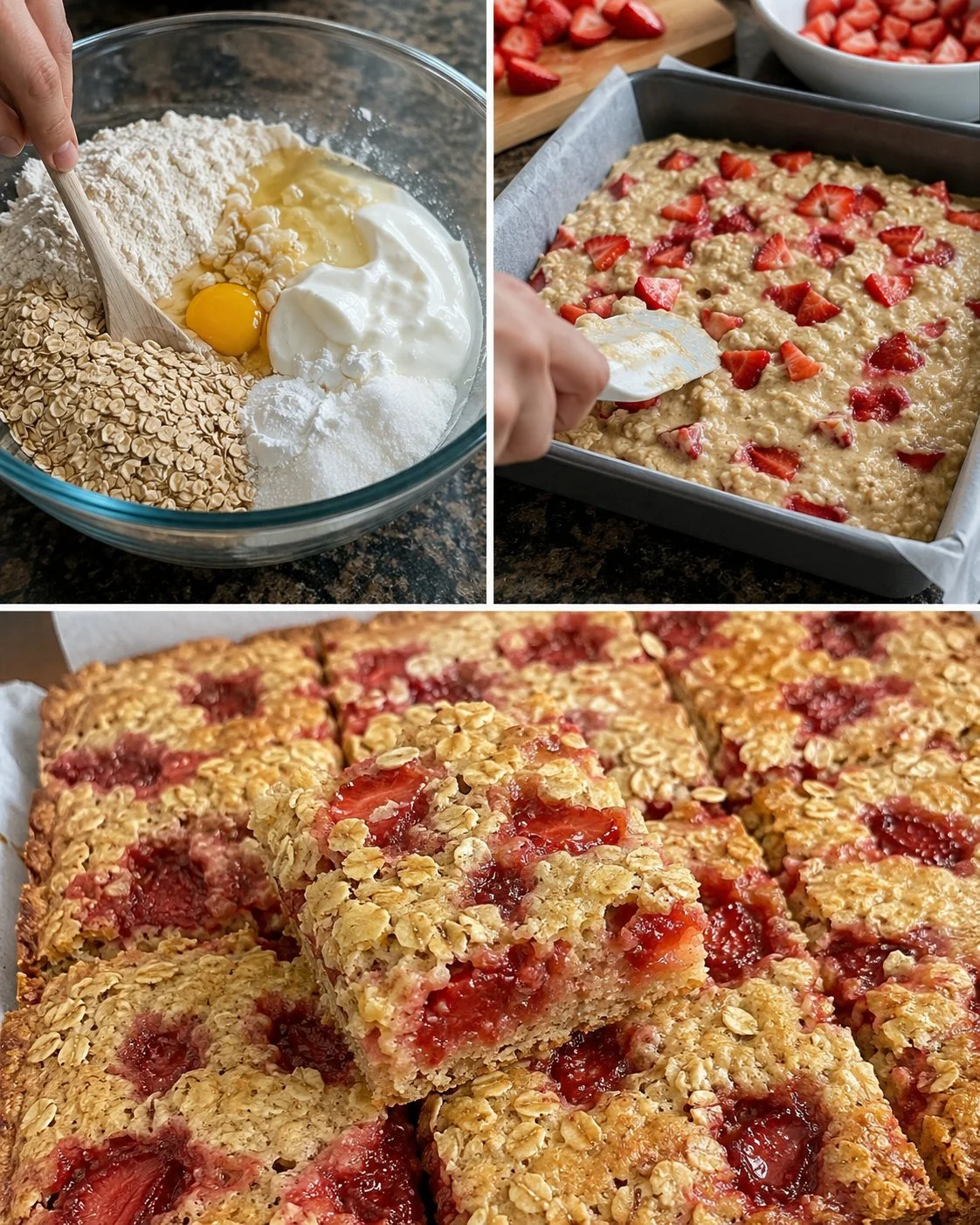 Erdbeer-Haferkuchenstücke: saftige Kuchenwürfel mit frischen Erdbeeren und Haferflocken