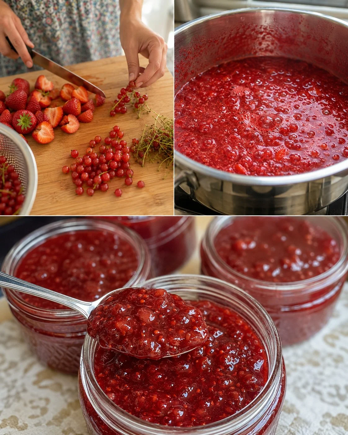 Erdbeer-Johannisbeer-Marmelade mit frischer Minze im Glas