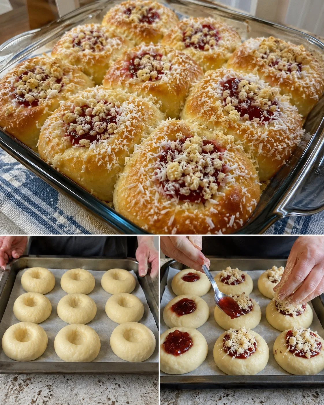 Erdbeer-Marmelade auf Brötchen mit Kokoskrümeln