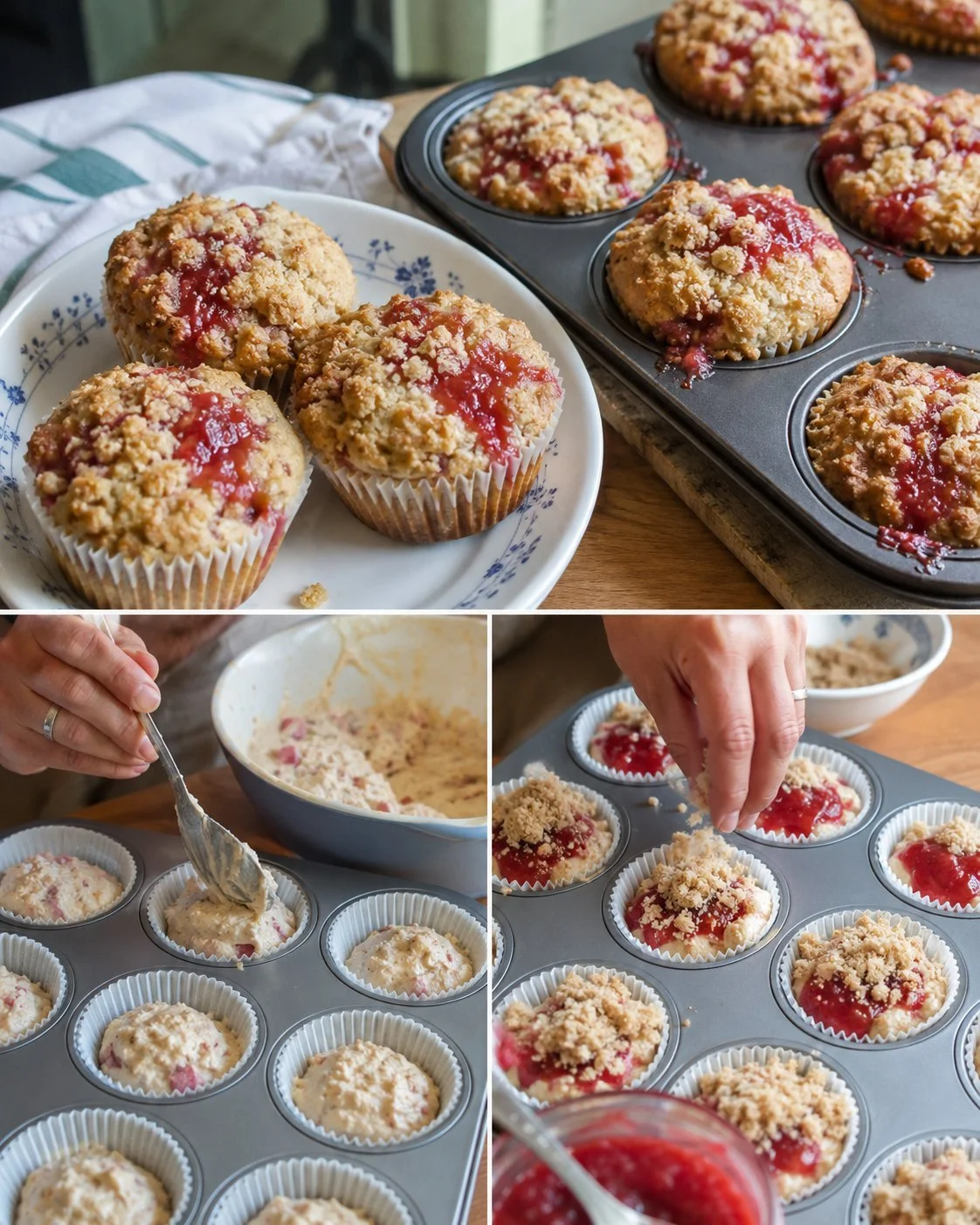 Leckere Erdbeer-Rhabarber Muffins mit Marmelade und Crumble auf einem Tisch