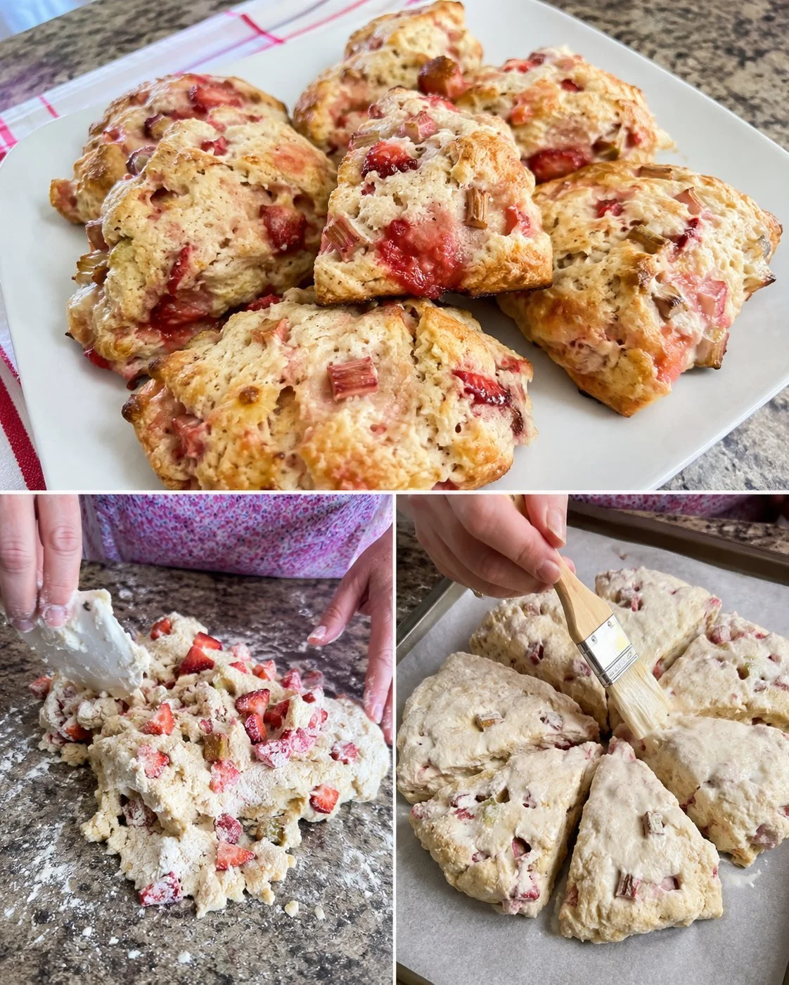 Erdbeer-Rhabarber-Scones frisch gebacken auf einem Teller.