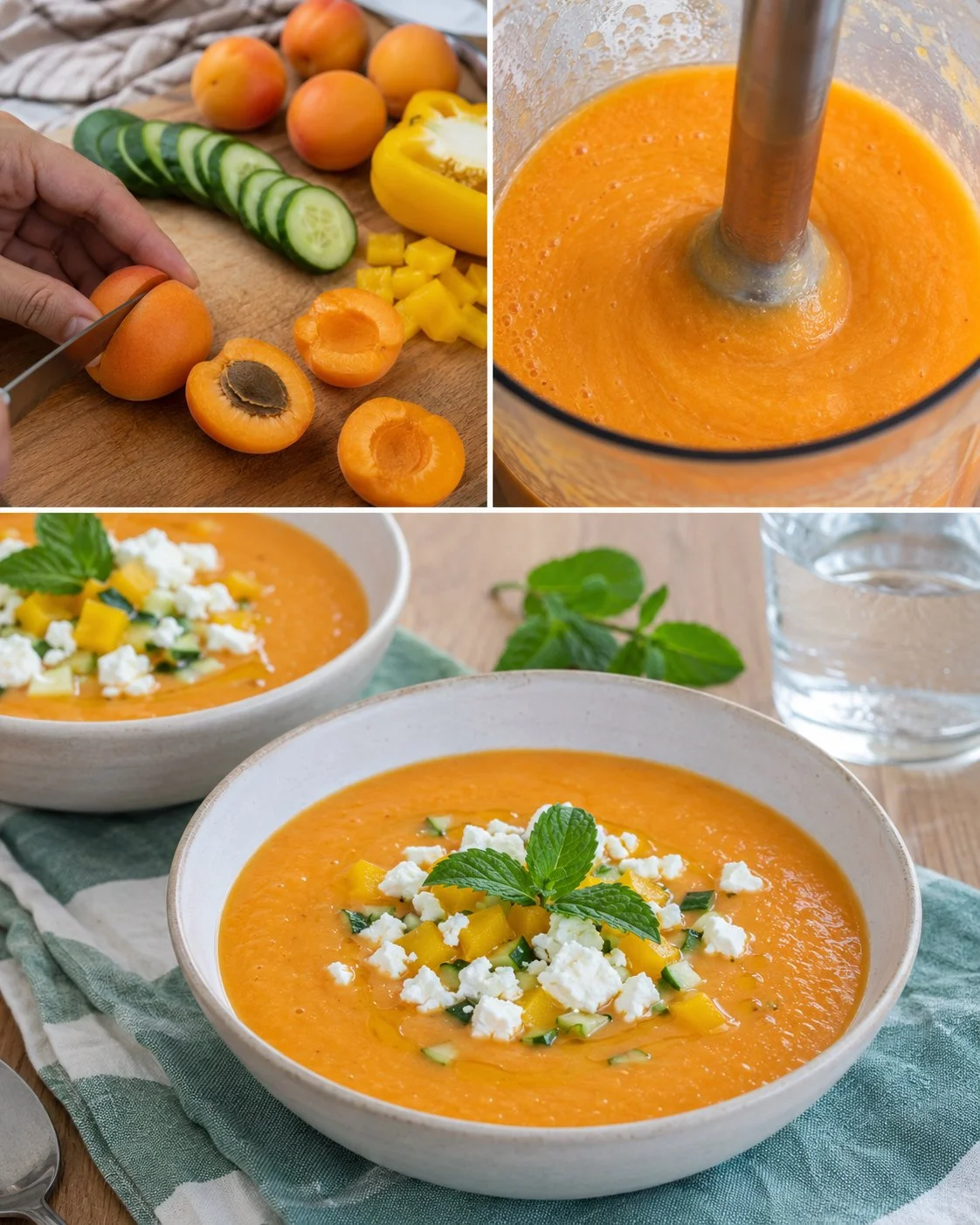 Erfrischende Aprikosen-Gazpacho mit Gurke und Feta serviert in einer dekorativen Schüssel.