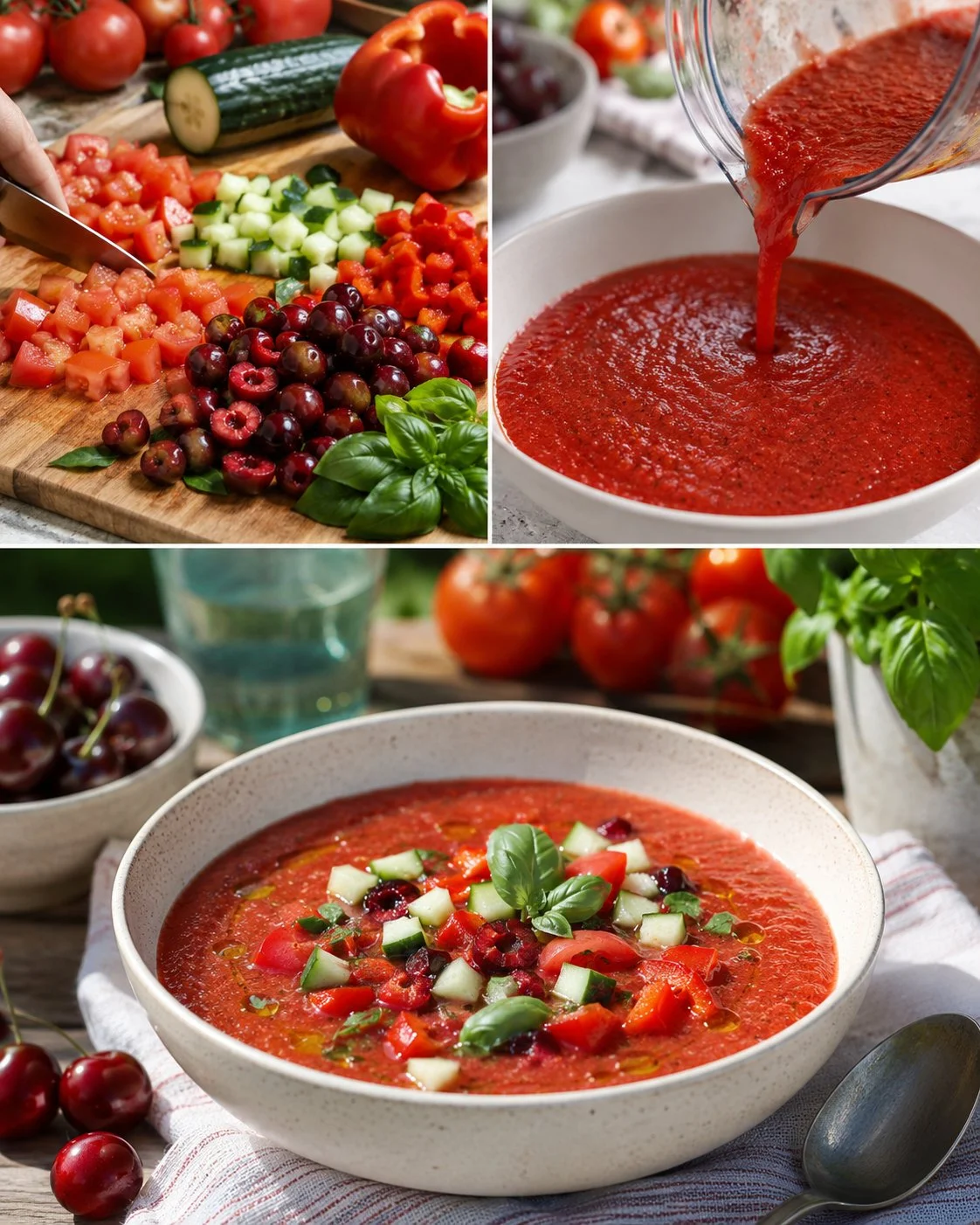 Erfrischende Kirsch-Gazpacho mit Tomaten und Basilikum in einer Schüssel