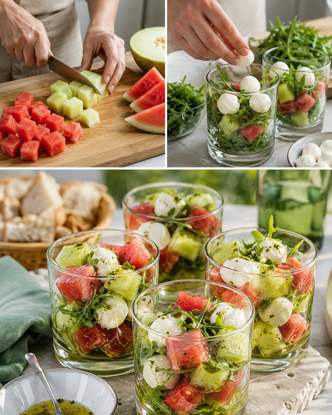 Erfrischender Melonen-Mozzarella-Salat im Glas für den Sommer