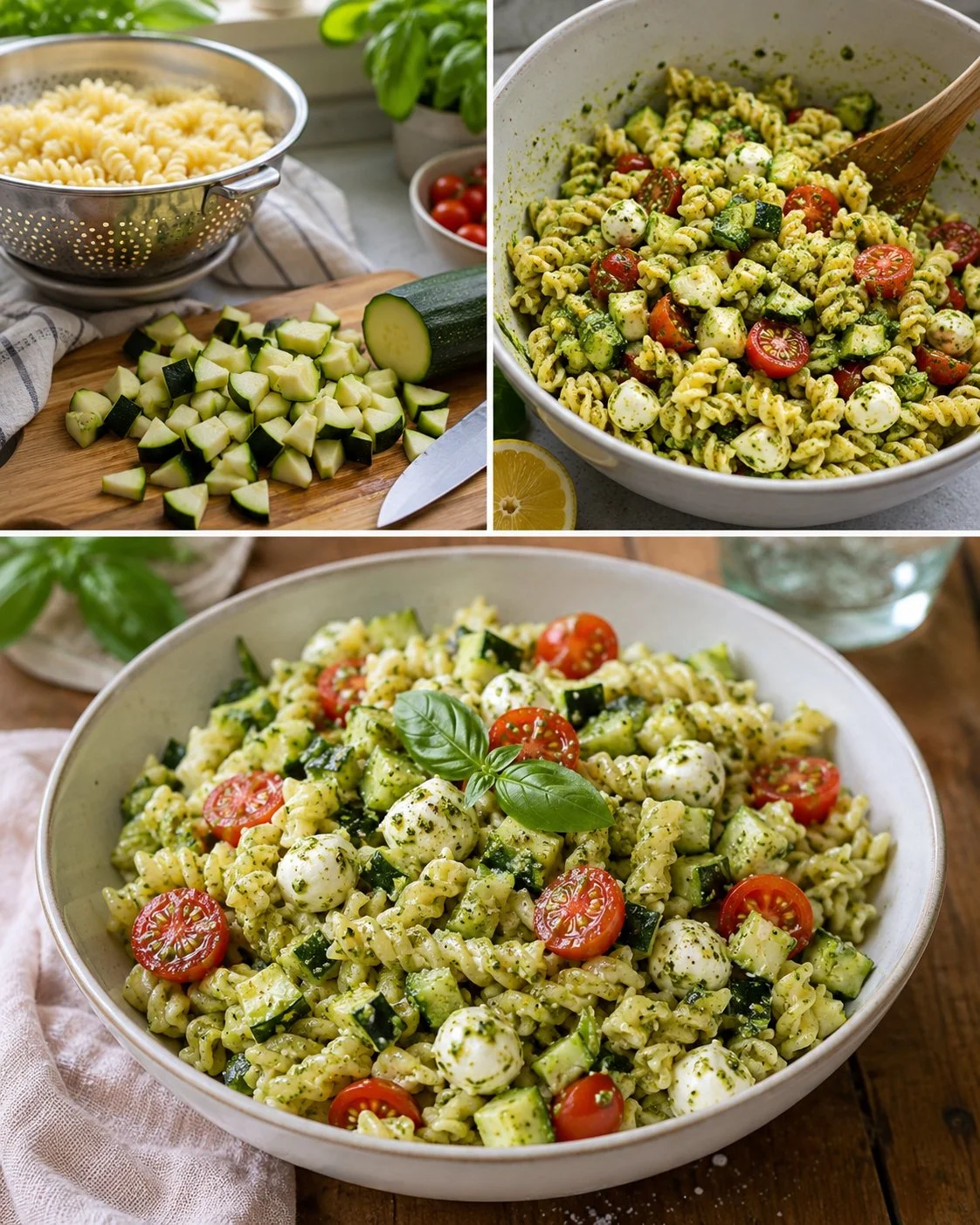 Erfrischender Zucchini-Nudelsalat mit Basilikum-Pesto in einer Schüssel