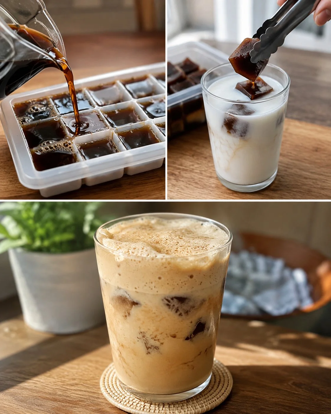 Frappe-Eiswürfel mit Milch und Vanille in einem Glas serviert