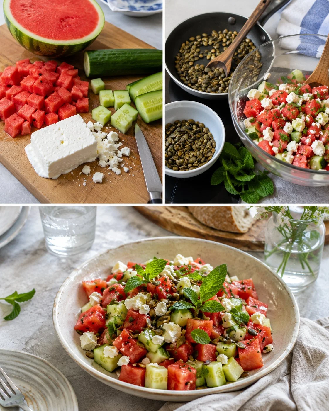 Frischer Wassermelonen-Gurken-Salat mit gerösteten Kernen auf einem Teller
