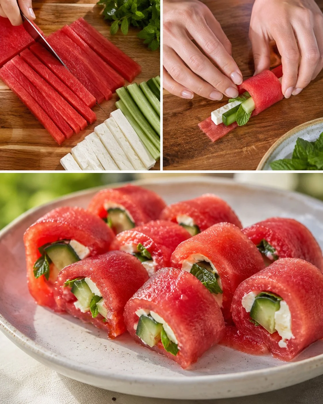 Frischer Wassermelonen-Sushi mit Feta und Minze auf einem Teller