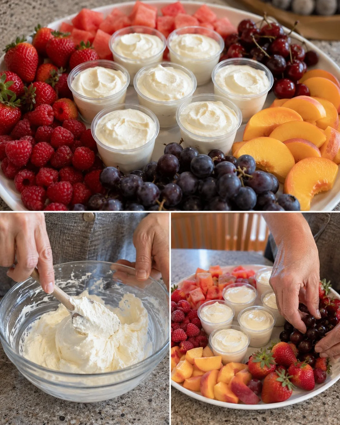 Früchteplatte mit Cheesecake-Dip in Bechern serviert