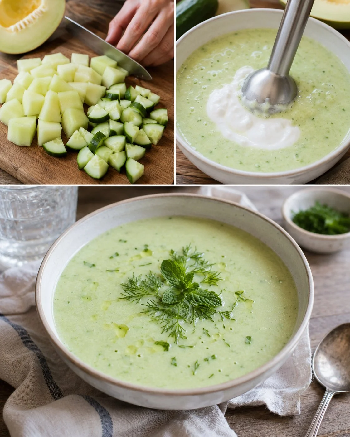 Erfrischendes Gazpacho aus Melonen, Gurken und Joghurt in einer Schüssel
