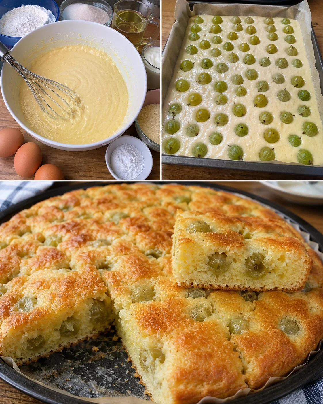 Gebackener Stachelbeer-Grießkuchen mit Joghurt auf einem Teller serviert