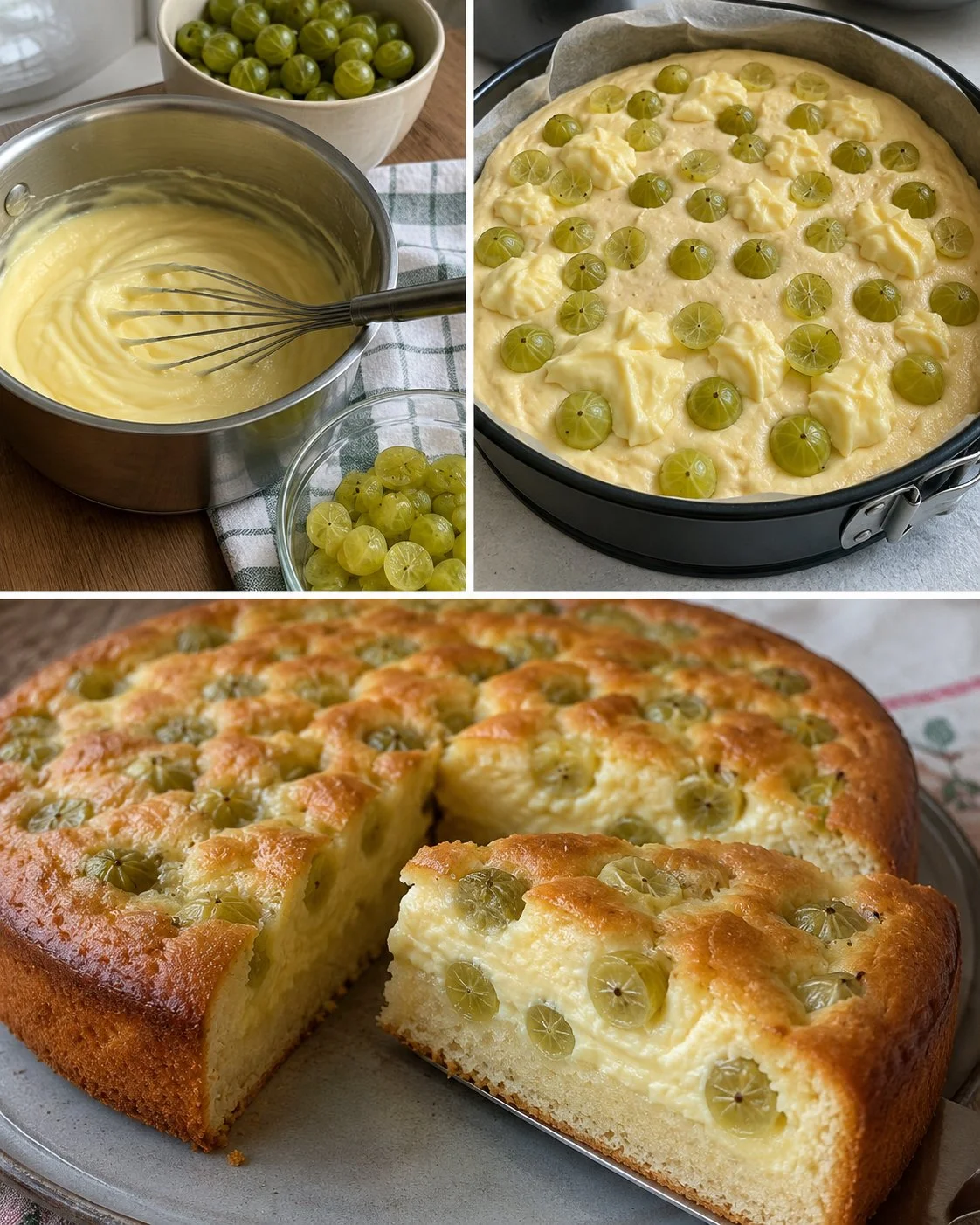 Gebackener Stachelbeer-Pudding-Kuchen auf einem Teller serviert.