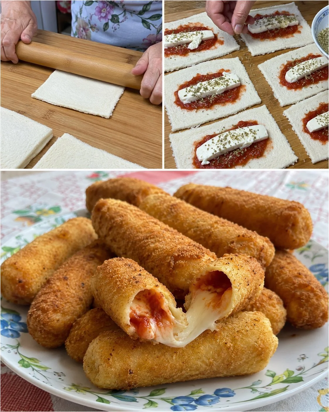 Gefüllte Brotstangen mit Tomate und Mozzarella auf einem Teller