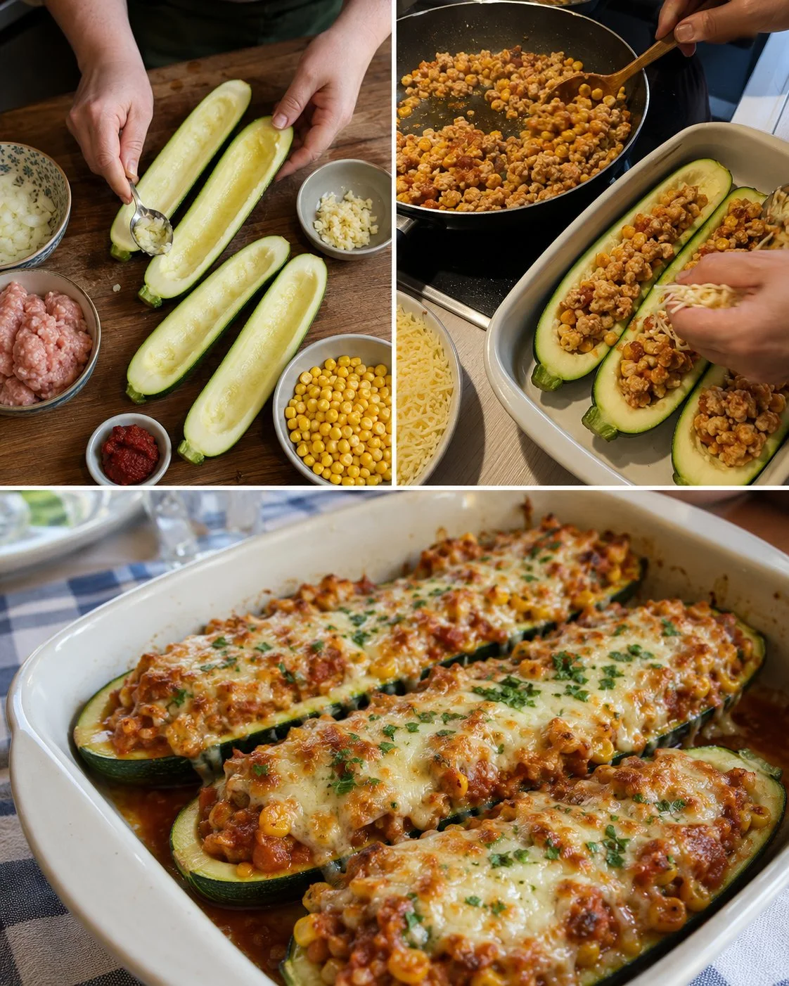Gefüllte Zucchini-Boote mit Hendl und Mais, serviert auf einem Teller.
