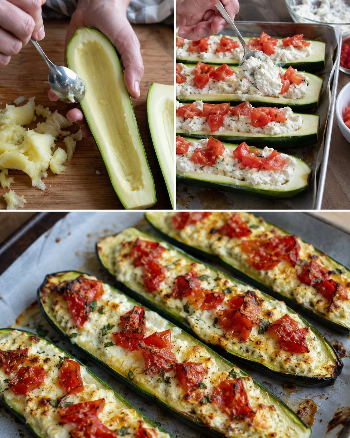 Gefüllte Zucchini-Boote mit Ricotta und Tomaten frisch serviert