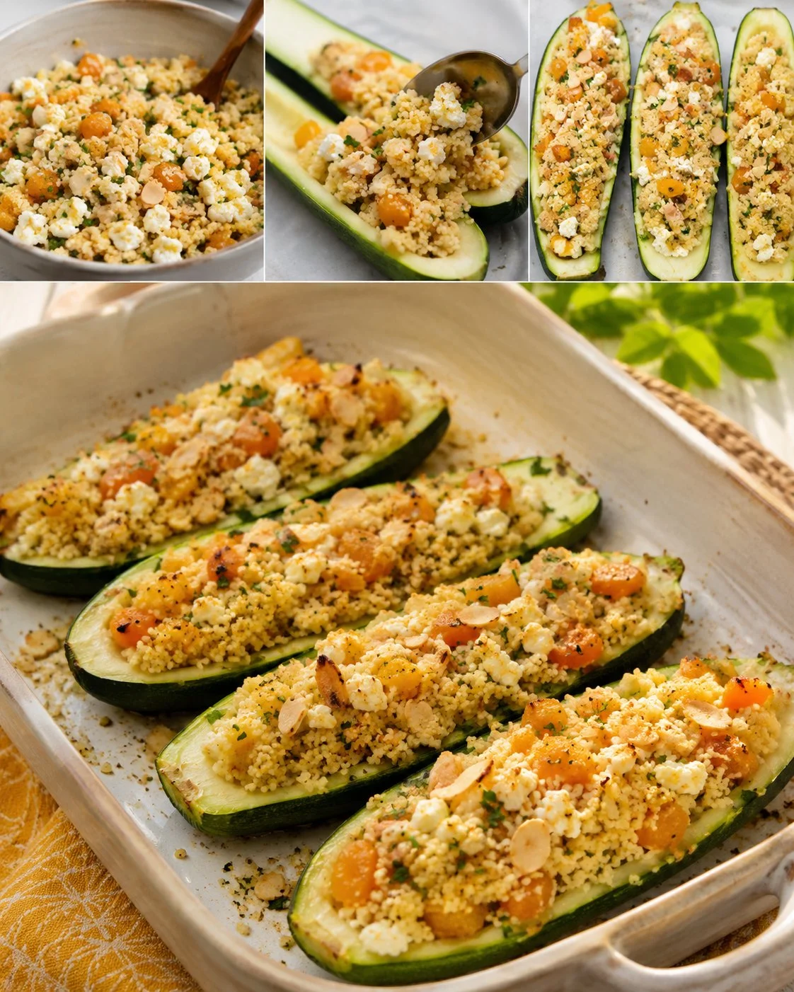 Gefüllte Zucchini mit Couscous, Aprikosen und Mandeln auf einem Teller