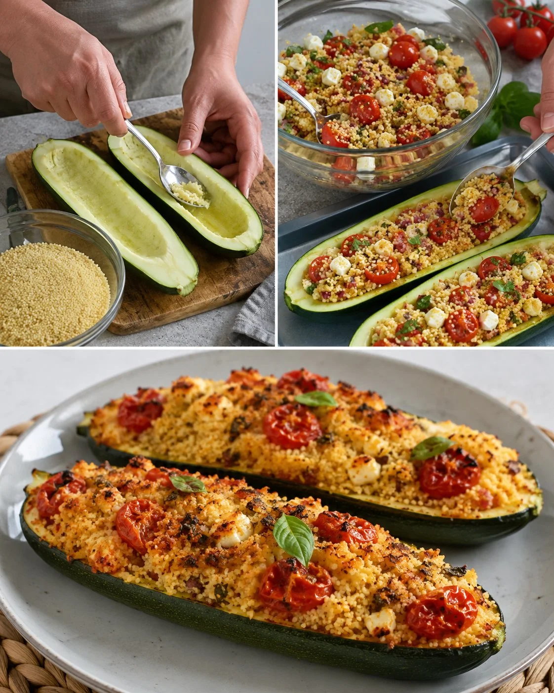 Gefüllte Zucchini mit Couscous und Tomaten auf einem Teller