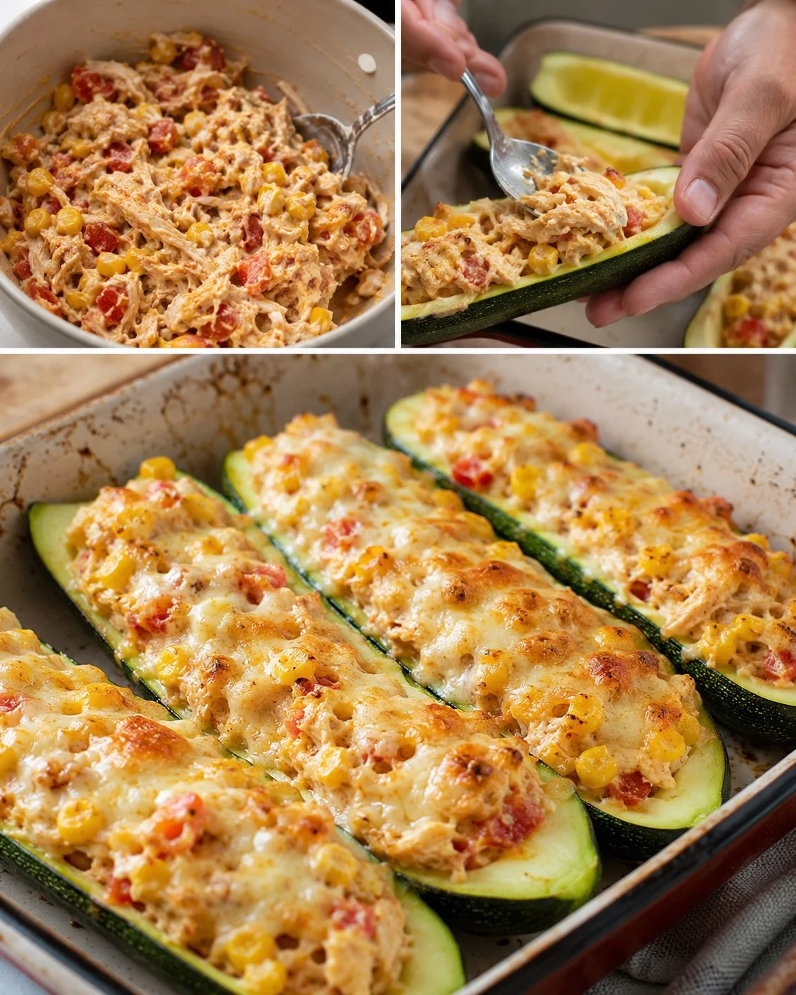 Gefüllte Zucchini mit Hähnchen, Mais und Tomaten auf einem Teller