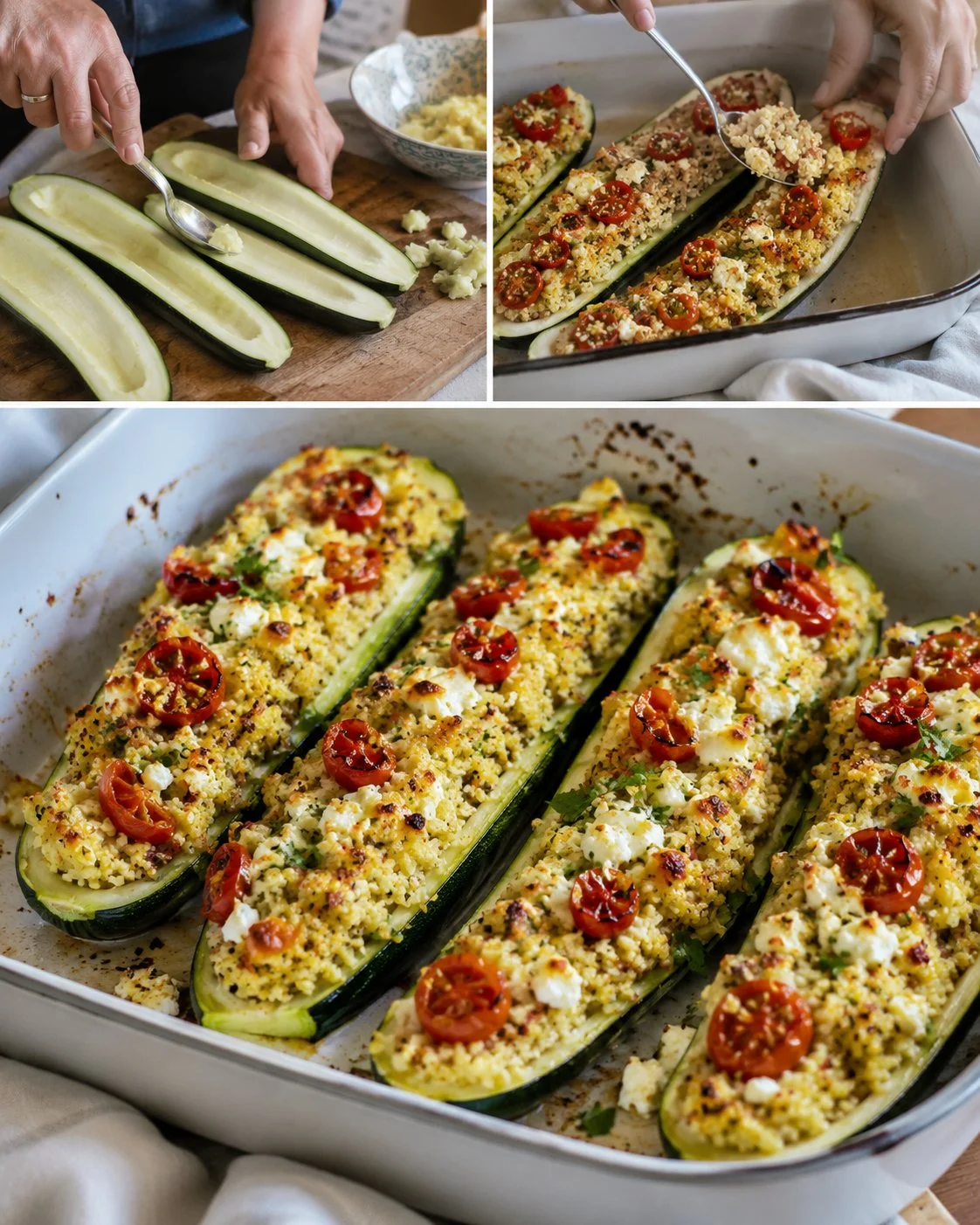 Gefüllte Zucchini mit Hirse, Tomaten und Hirtenkäse auf einem Teller serviert