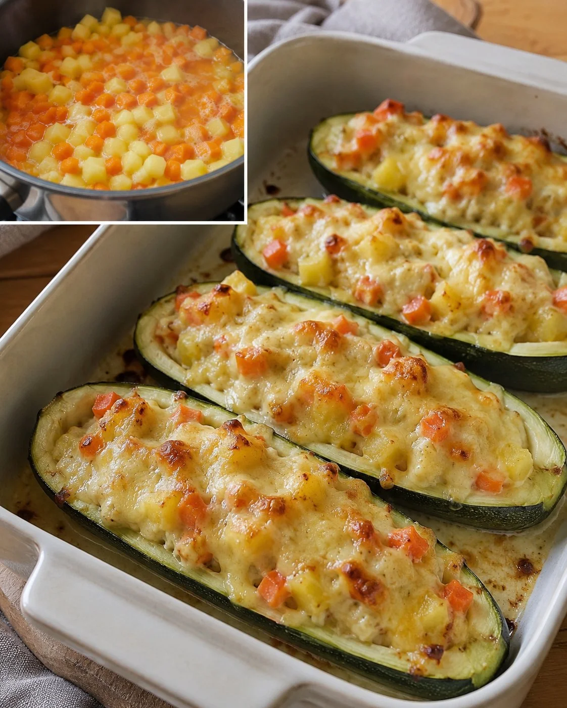 Gefüllte Zucchini mit Kartoffel-Möhren-Ragout auf einem Teller serviert.