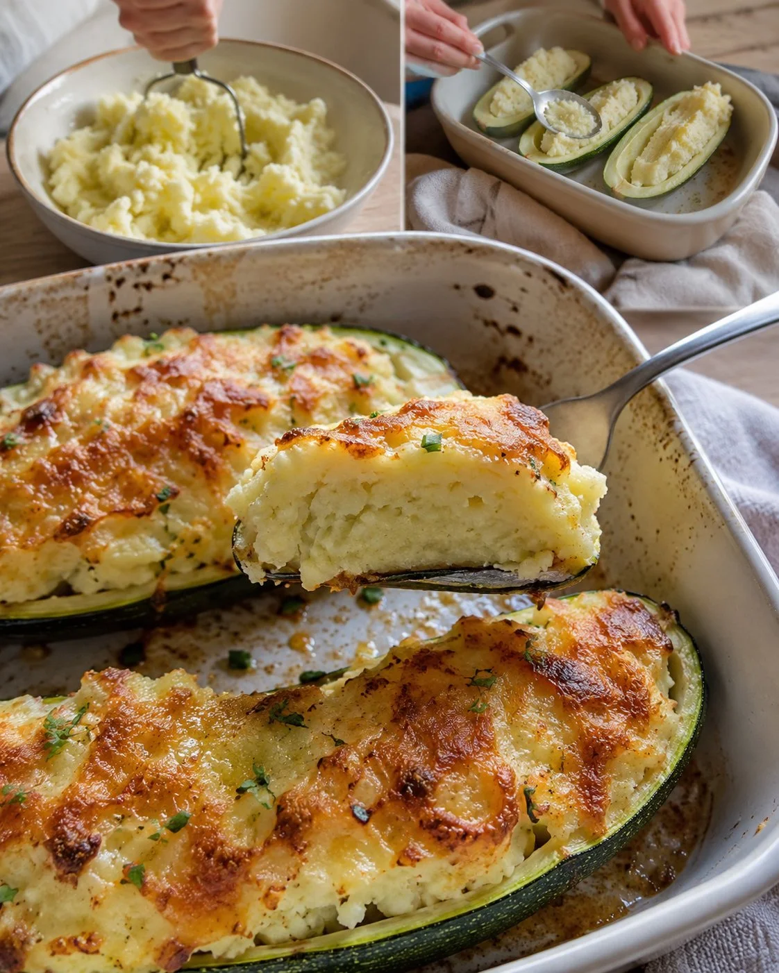 Gefüllte Zucchini mit Kartoffelstampf und Kräuterquark auf einem Teller