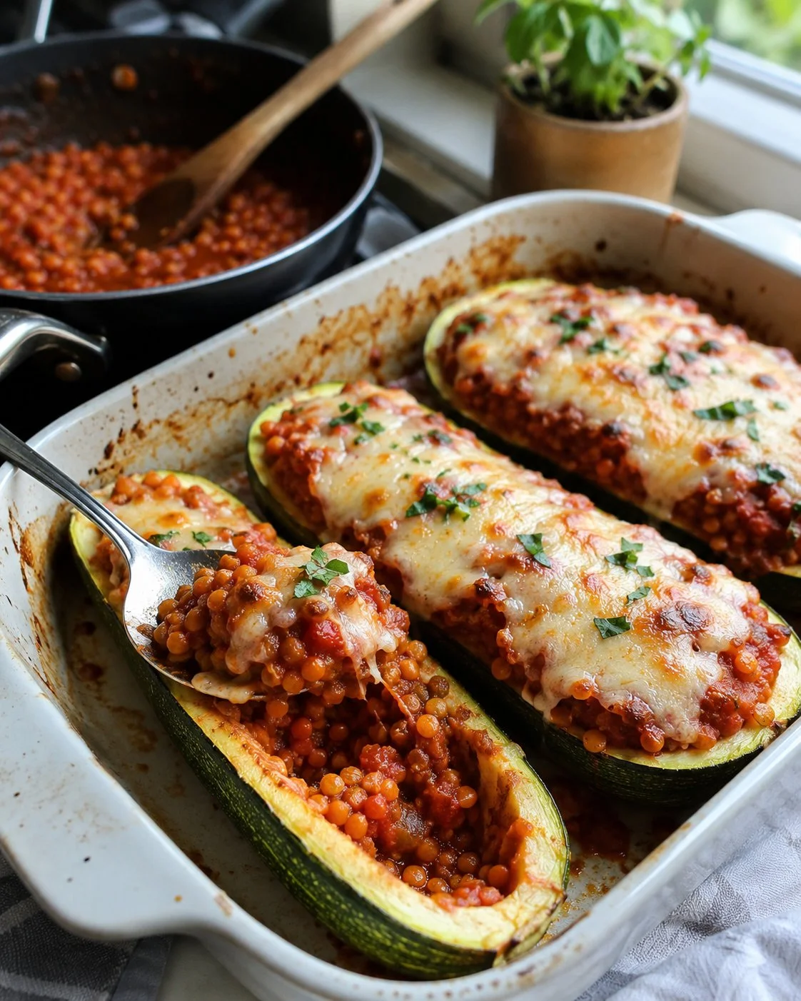 Gefüllte Zucchini mit Linsen-Bolognese auf einem Teller serviert