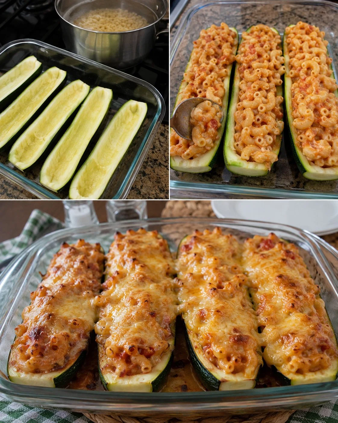 Gefüllte Zucchini mit Macaroni und Tomaten-Käse-Soße auf einem Teller