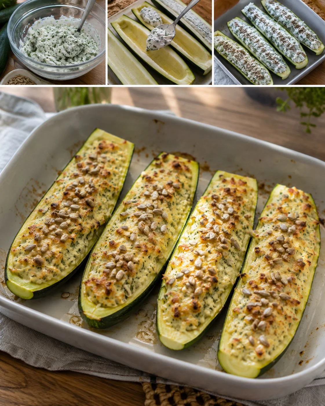Gefüllte Zucchini mit Quark und Kräutern, dekoriert mit Sonnenblumenkernen.