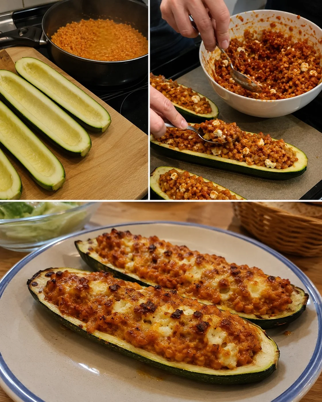 Gefüllte Zucchini mit roten Linsen und Feta auf einem Teller serviert