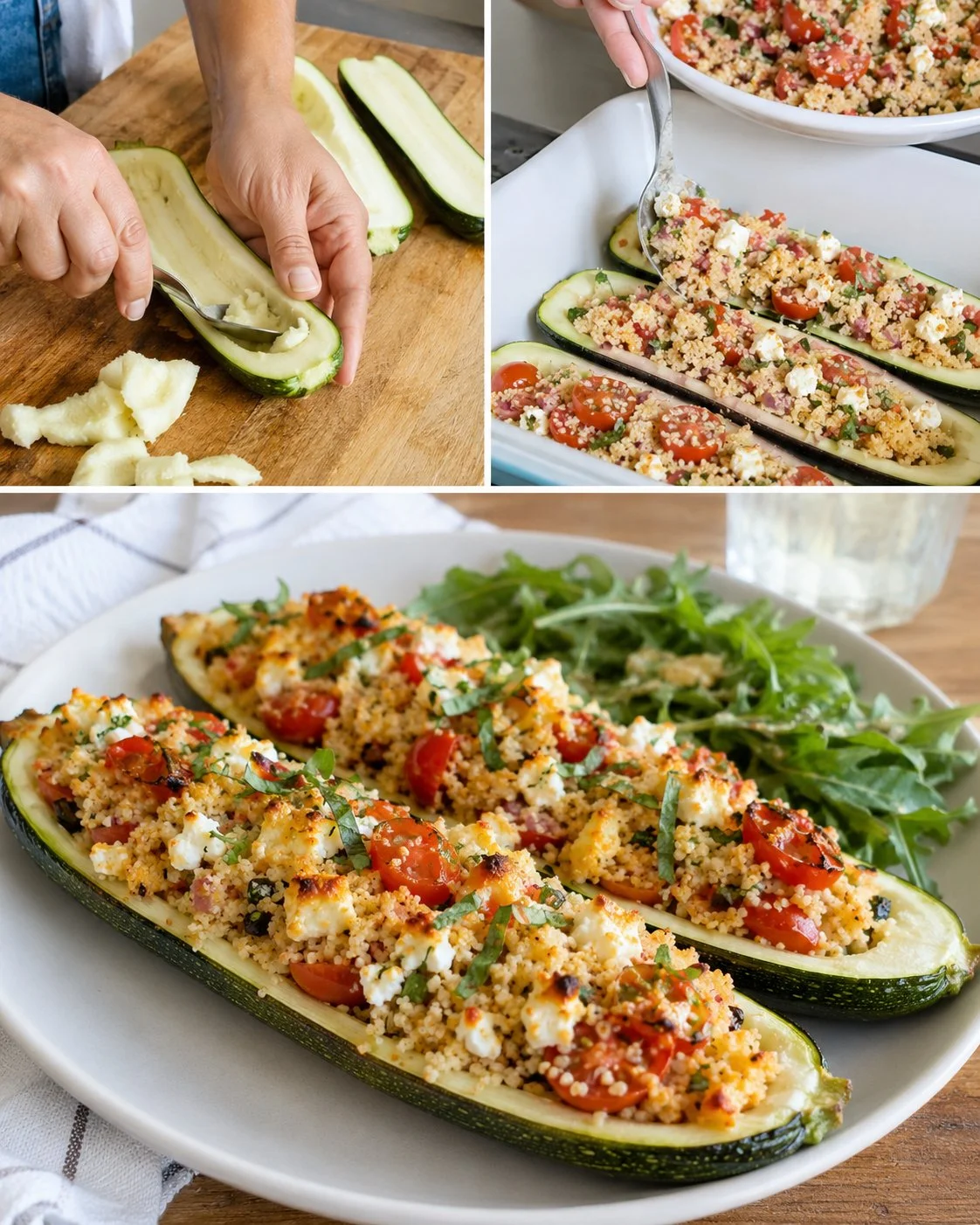 Gefüllte Zucchini mit Tomaten-Couscous und Feta auf einem Teller angerichtet.