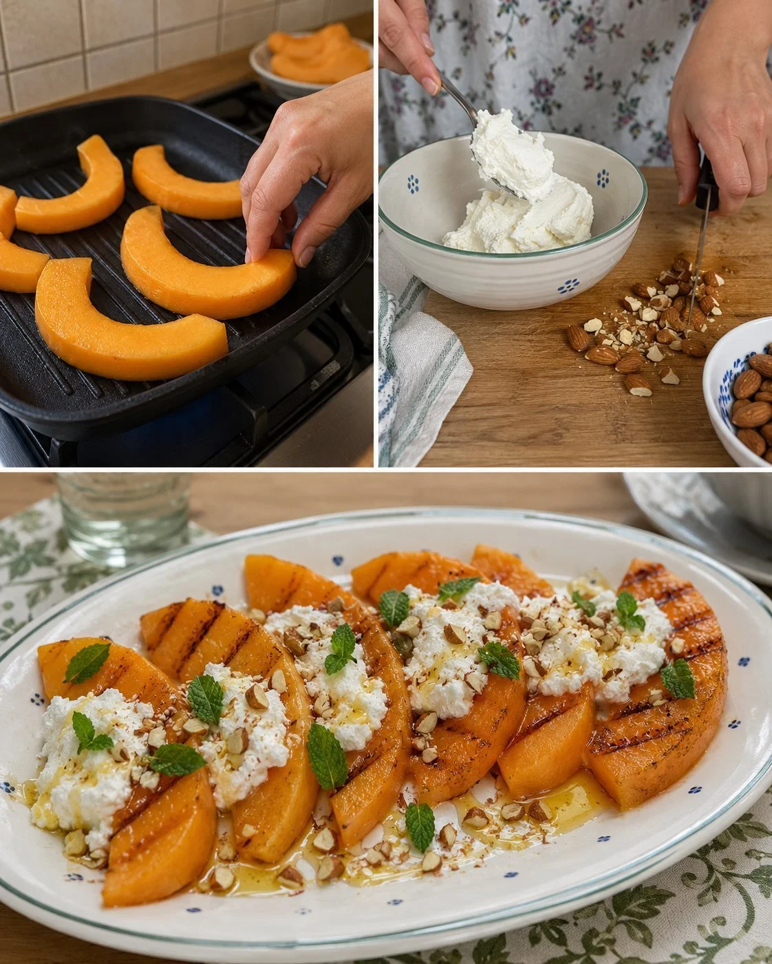 Gegrillte Melone serviert mit Ricotta und Honig auf einem Teller