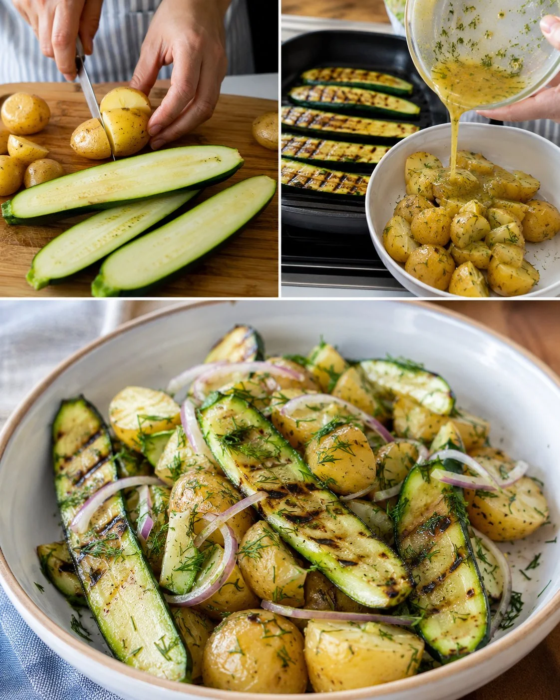 Gegrillter Zucchini-Kartoffel-Salat mit Senf-Dill-Dressing auf einem Teller.