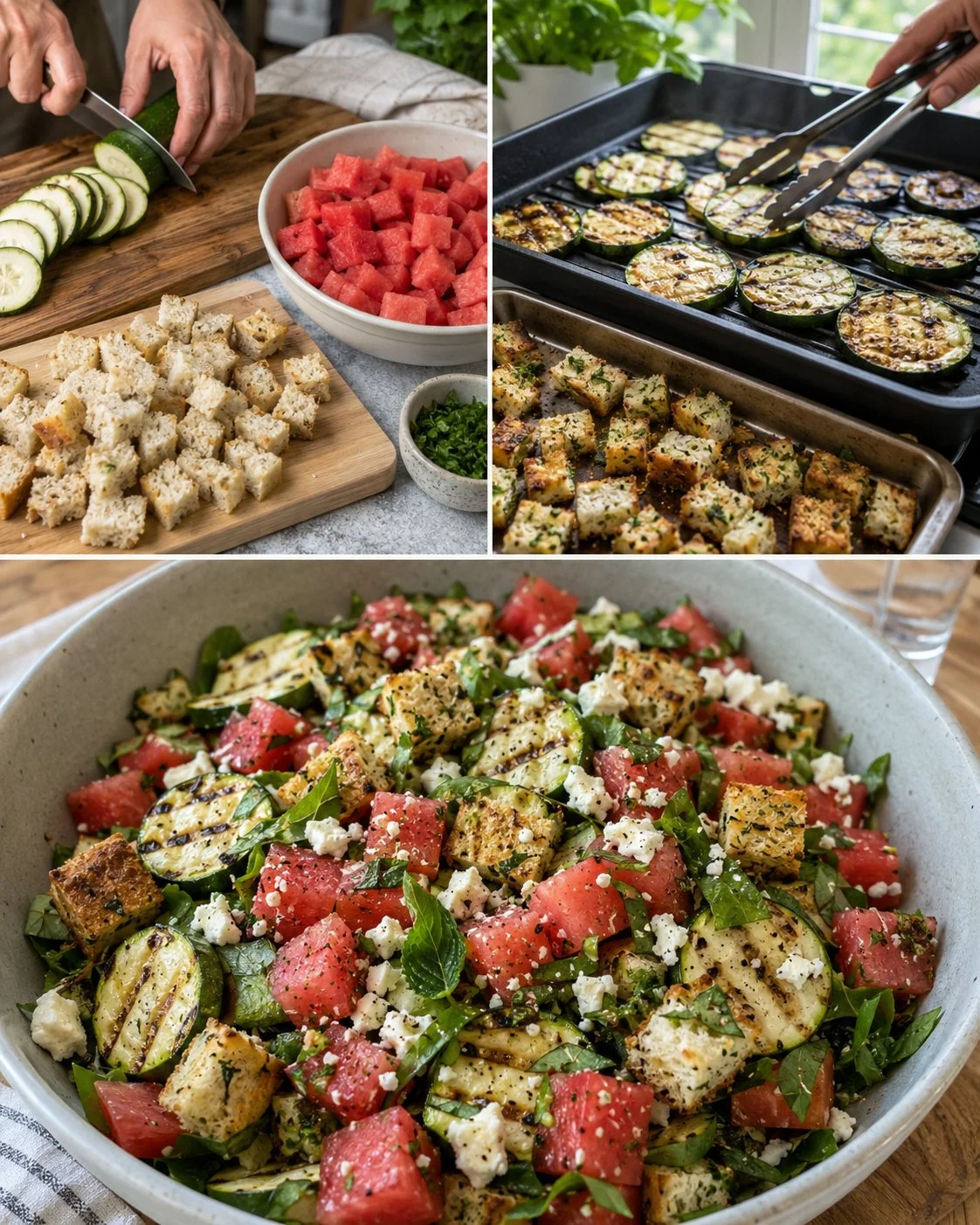 Grill-Salat mit Zucchini, Wassermelone und Kräuter-Croûtons auf einem Teller