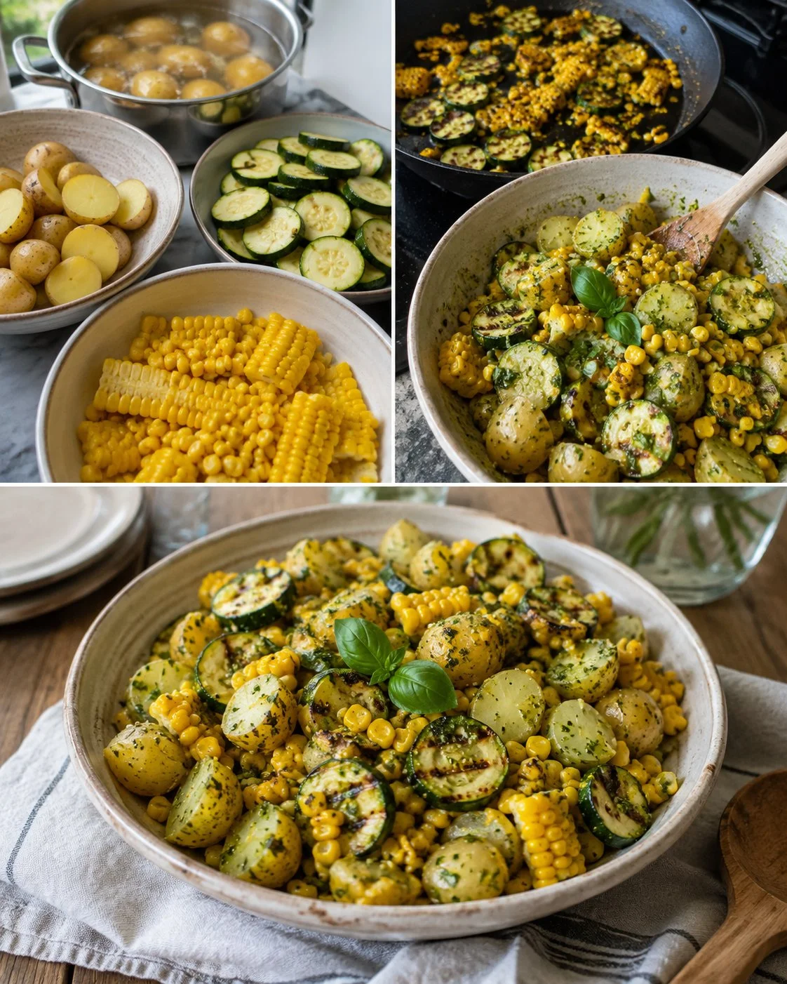 Grillbeilagen-Salat mit Zucchini, Mais und Kartoffeln in einer bunten Schüssel